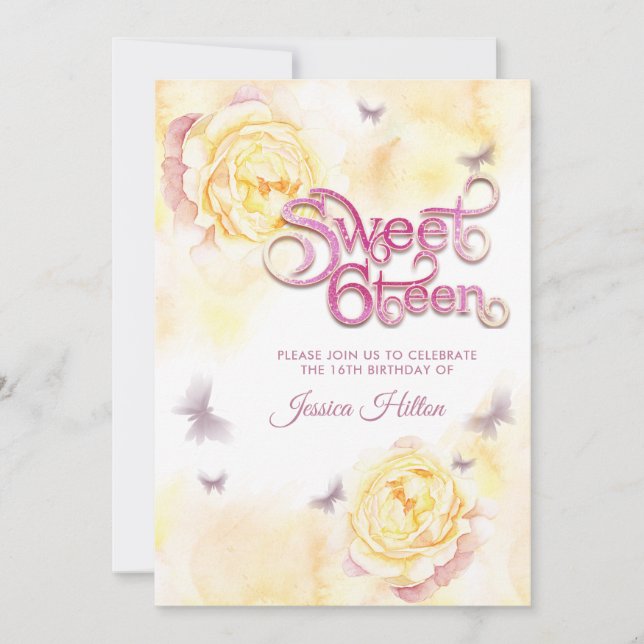 Invitación Mariposa peonía floral dulce dieciséis invitacione (Anverso)