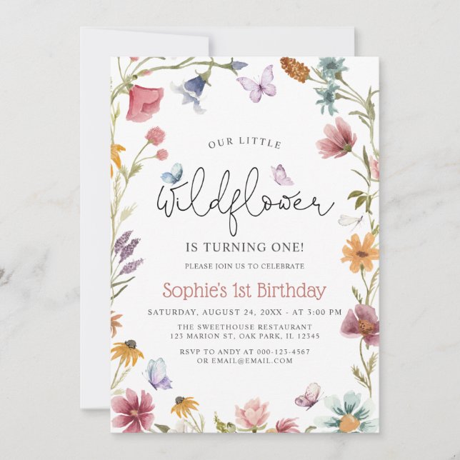 Invitación Mariposa Pequeña Flor silvestre Primer cumpleaños  (Anverso)