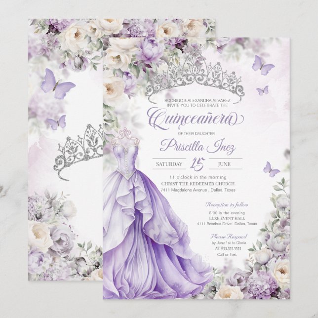 Invitación Mariposa Plata Lavender Princesa Quinceañera (Anverso / Reverso)