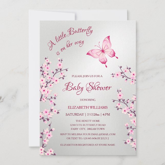 Invitación Mariposa plateada rosa | Fiesta de bebé niña (Anverso)