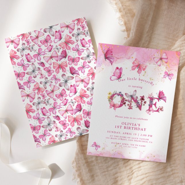 Invitación Mariposa Primer cumpleaños Bebé Niña Rosa Oro Polv (Subido por el creador)