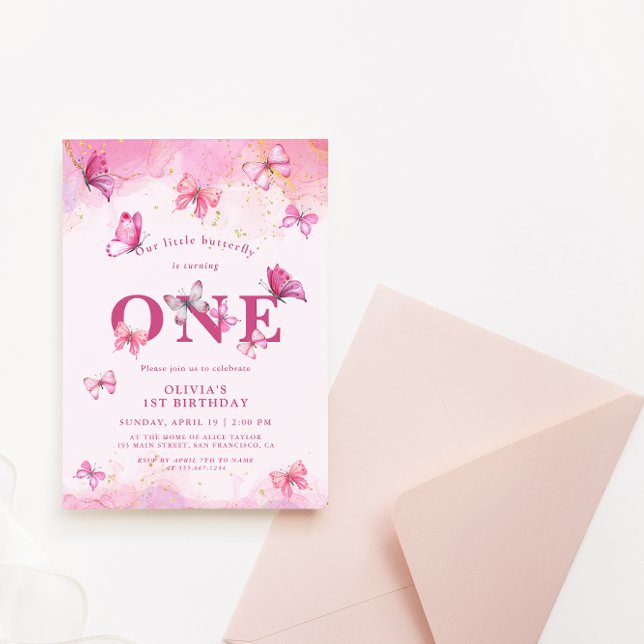 Invitación Mariposa Primer cumpleaños Bebé Niña Rosa Oro Polv (Subido por el creador)