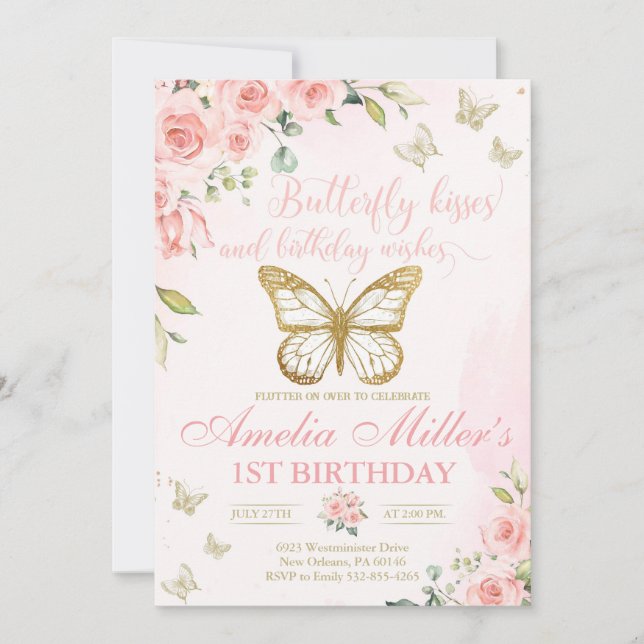 Invitación Mariposa primer cumpleaños, Chicas primer cumpleañ (Anverso)