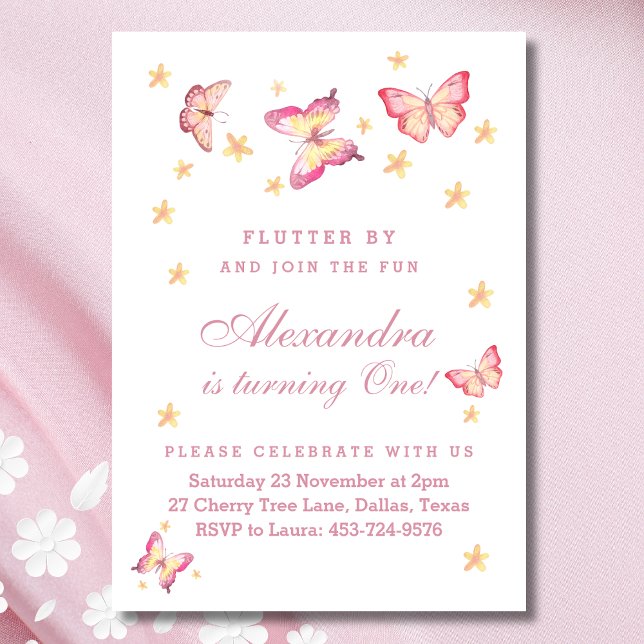 Invitación Mariposa primer cumpleaños, Fiesta bebé rosada (Subido por el creador)