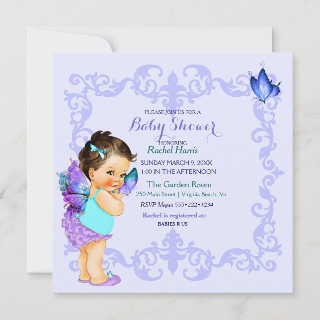 Invitación Mariposa Princesa Bebé Chica Lavender (Anverso)