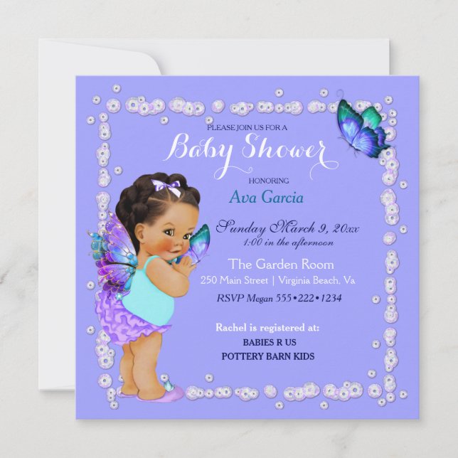 Invitación Mariposa Princesa Bebé Niña Morada Turquesa Invi (Anverso)
