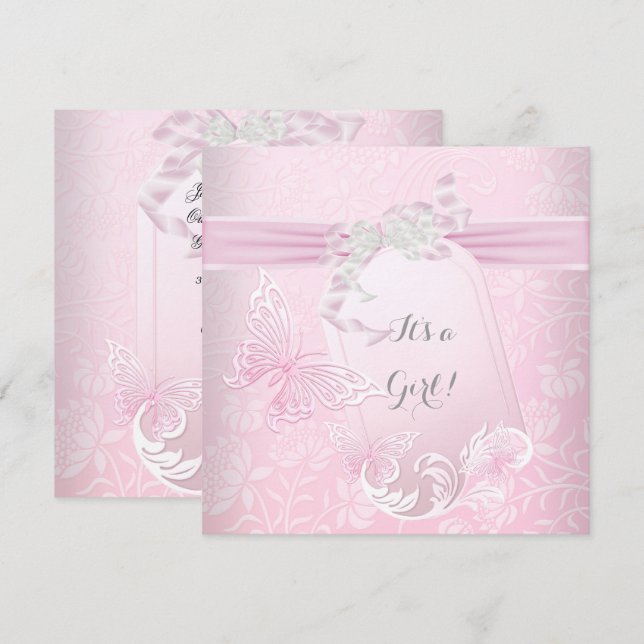 Invitación Mariposa Princesa Blanca Rosa Chica de Baby Shower (Anverso / Reverso)