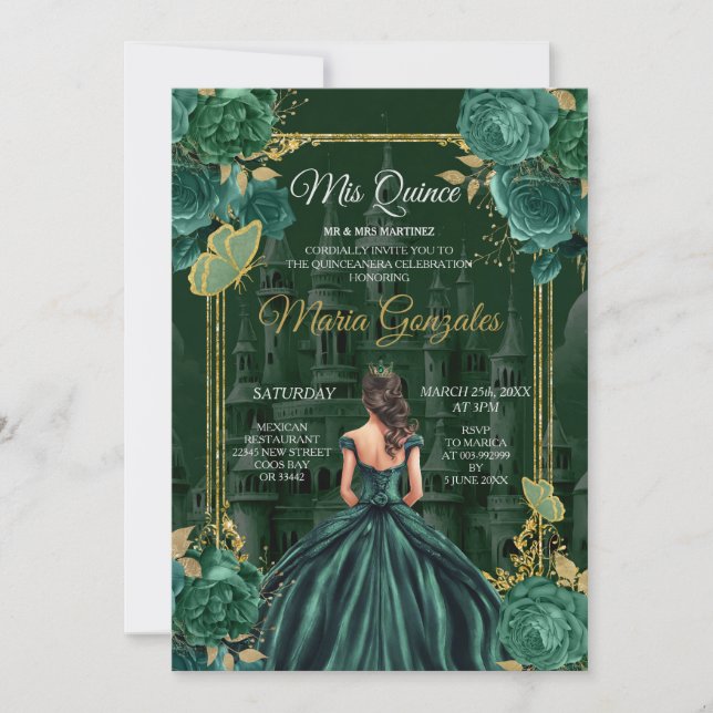 Invitación Mariposa Princesa de Emerald Green Quinceañera (Anverso)
