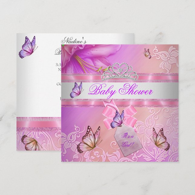 Invitación Mariposa Princesa Púrpura Rosa Chica Baby Shower (Anverso / Reverso)