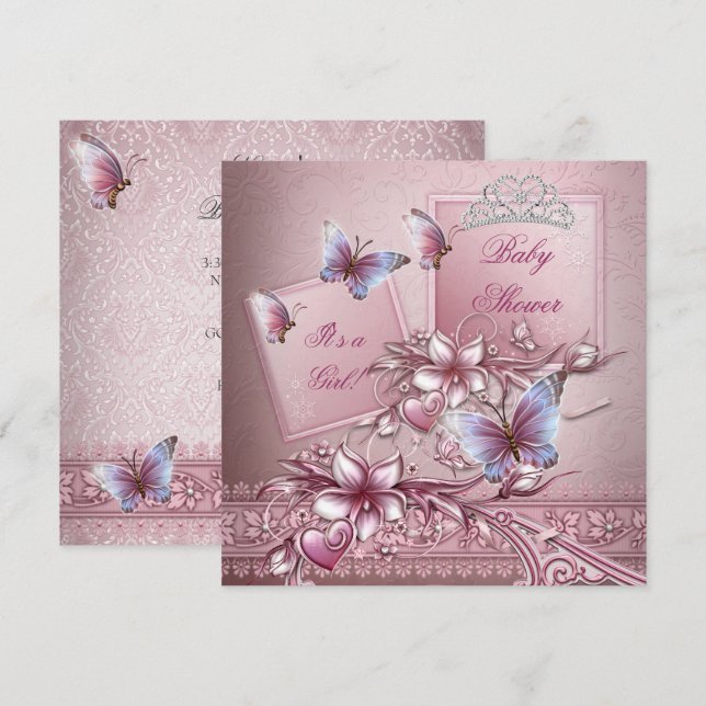 Invitación Mariposa Princesa Rosa Chica Baby Shower (Anverso / Reverso)