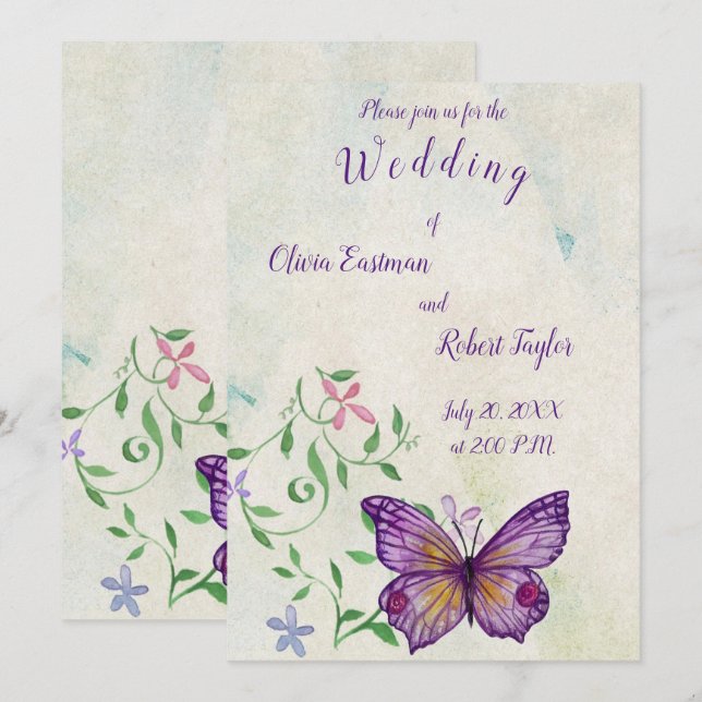 Invitación Mariposa púrpura de acuarela personalizada (Anverso / Reverso)