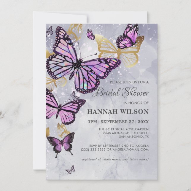 Invitación Mariposa púrpura Gris Dorada Elegante Ducha Bridal (Anverso)