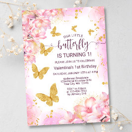 Invitación Mariposa Purpurina de oro rosa floral primer cumpl