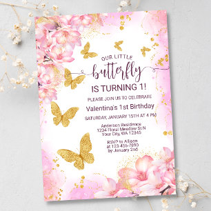 Invitación Mariposa Purpurina de oro rosa floral primer cumpl