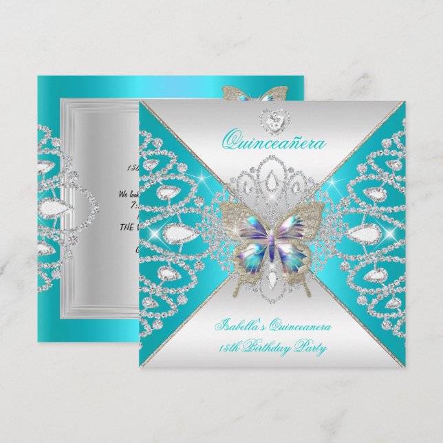 Invitación Mariposa Quinceanera 15ª Plata Verde azulada Tiara (Anverso / Reverso)