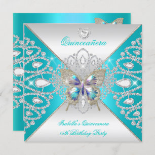 Invitación Mariposa Quinceanera 15ª Plata Verde azulada Tiara