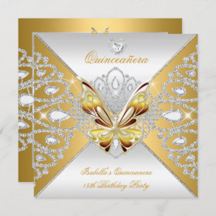 Invitación Mariposa Quinceanera 15 Fiesta Plata de Oro Tiara
