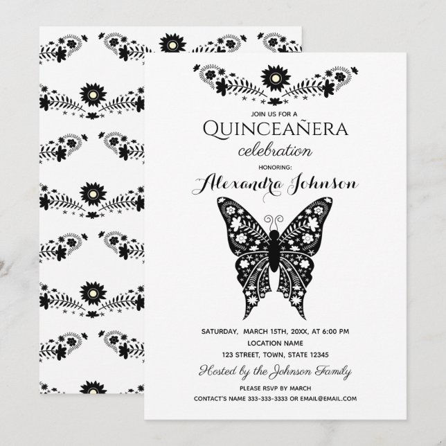 Invitación Mariposa Quinceanera Blanco y Negro 15 cumpleaños (Anverso / Reverso)