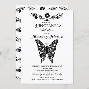 Invitación Mariposa Quinceanera Blanco y Negro decimoquinto c