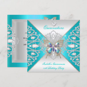 Invitación Mariposa Quinceañera Corona Teal Plateada 15 2