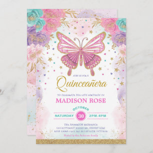 Invitación Mariposa Quinceañera Cumpleaños Flor Púrpura Rosa