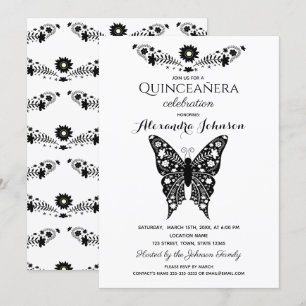 Invitación Mariposa Quinceañera Negro y Blanco Cumpleaños 15
