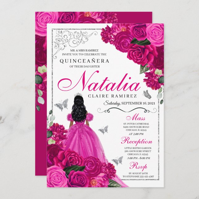 Invitación Mariposa Quinceañera Princesa de Plata Rosa Fuchsi (Anverso / Reverso)