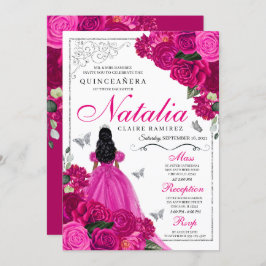 Invitación Mariposa Quinceañera Princesa de Plata Rosa Fuchsi