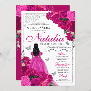 Invitación Mariposa Quinceañera Princesa de Plata Rosa Fuchsi