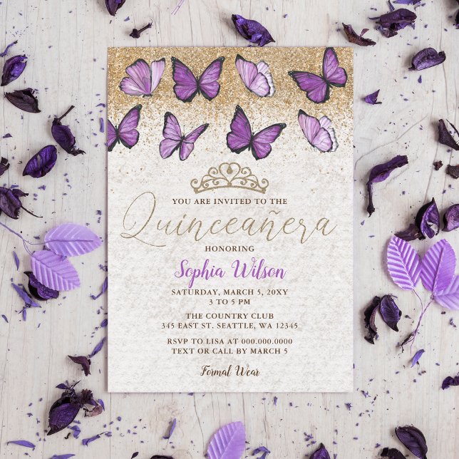 Invitación Mariposa Quinceañera Purpurina de oro morado (Purple Gold Glitter Butterfly Quinceañera Invitation )