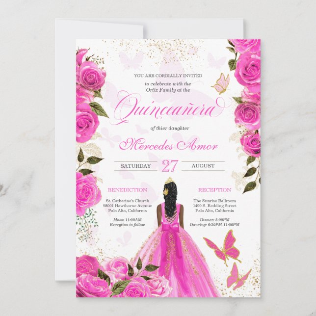 Invitación Mariposa Quinceanera Rosa de mariposa Rosas rosado (Anverso)
