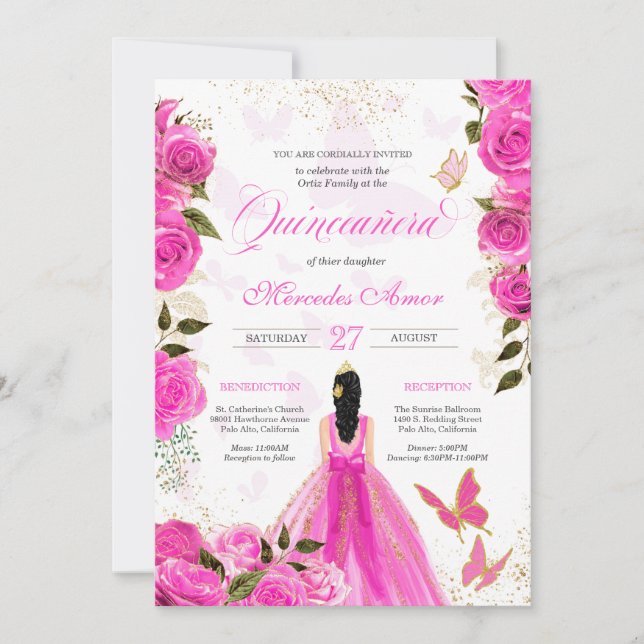 Invitación Mariposa Quinceanera Rosa de mariposa Rosas rosado (Anverso)