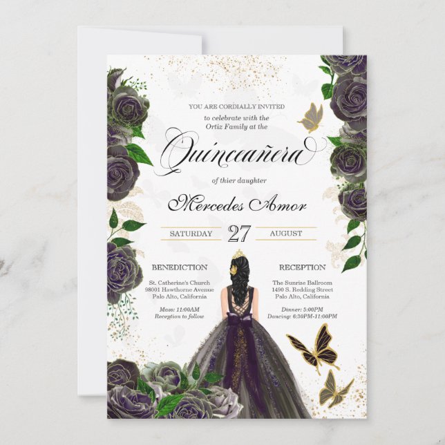 Invitación Mariposa Quinceanera, Rosa de oro y negro (Anverso)