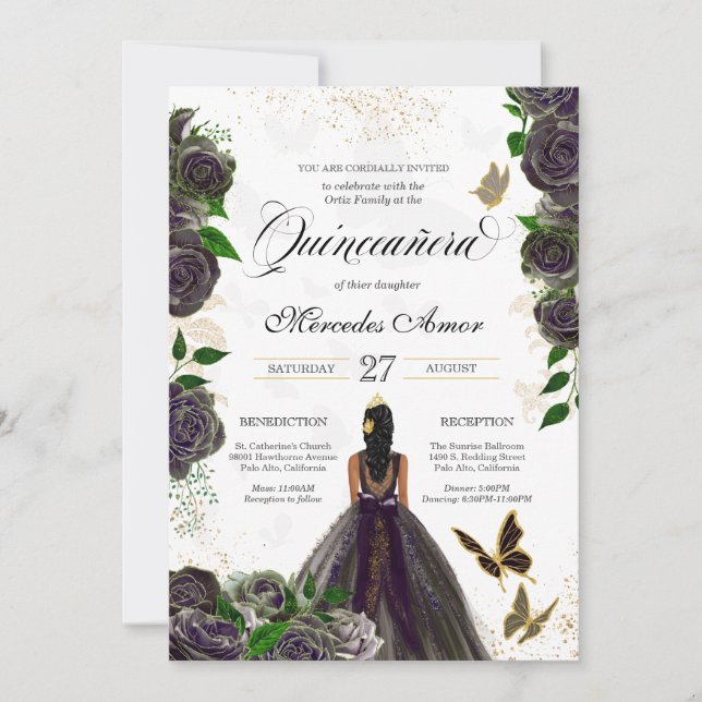 Invitación Mariposa Quinceanera, Rosa negro (Anverso)