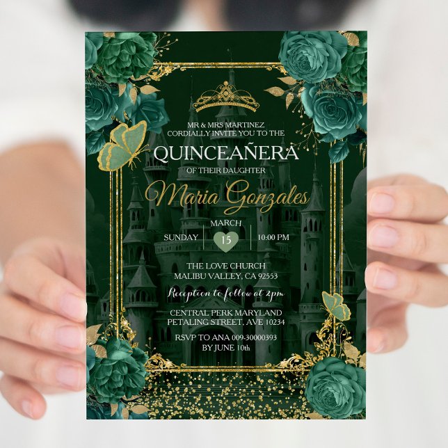 Invitación Mariposa Quinceañera verde floral esmeralda (Subido por el creador)
