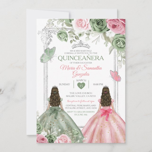 Invitación Mariposa Quinceañera Verde Y Rosa (Anverso)