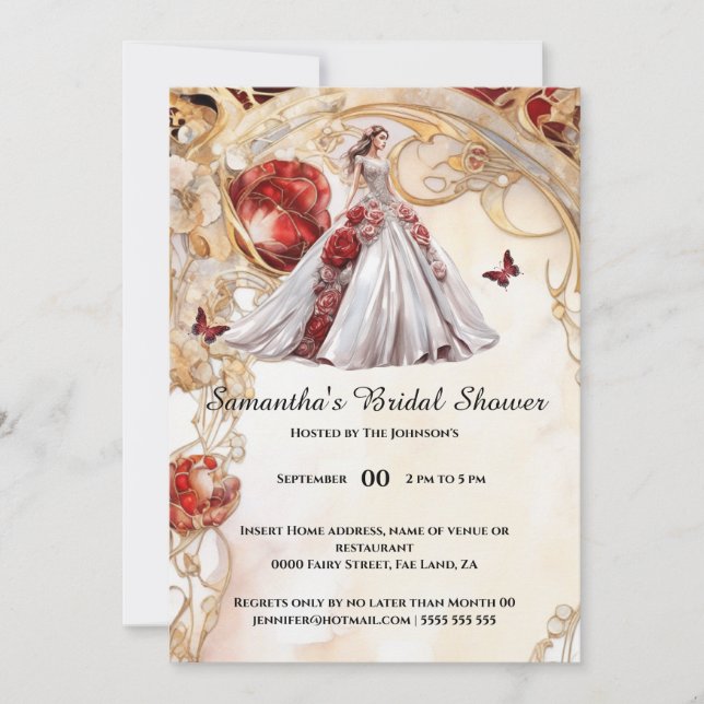 Invitación Mariposa roja rosa floral novia 2 ser ducha de nov (Anverso)