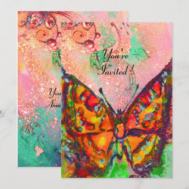Invitación MARIPOSA ROJA ROSADO FUCsia ORO BRILLANTE Dulces 1 (Anverso / Reverso)