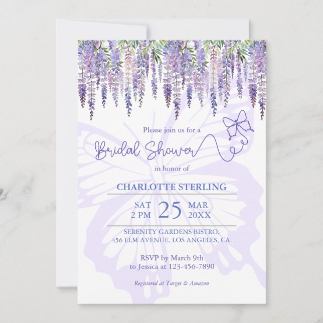 Invitación Mariposa romántica y ducha de novia en el jardín d (Anverso)
