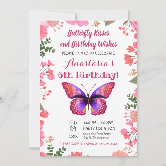 Invitación Mariposa rosa acuarela Floral Marco floral Cumplea (Anverso)