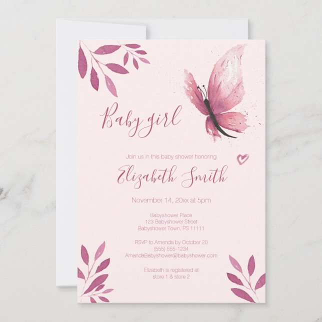 Invitación Mariposa rosa acuarela niña bebé ducha de bebé (Anverso)