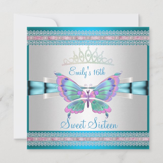 Invitación Mariposa rosa azul Verde azulada dulce 16 (Anverso)