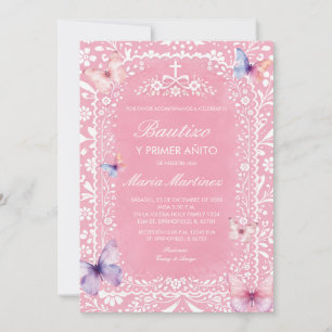 Invitación Mariposa Rosa Bautizo Y Primer Anito Niña Española