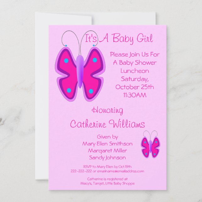 Invitación Mariposa rosa Bonito es una ducha bebé (Anverso)