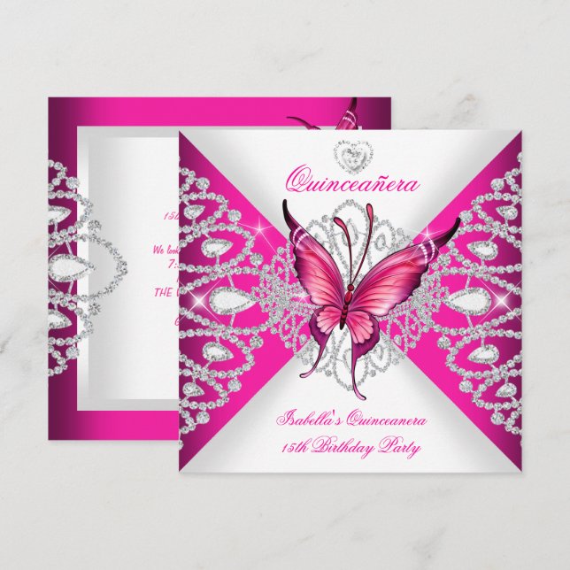 Invitación Mariposa rosa bonito Tiara Quinceanera 15ª Fiesta (Anverso / Reverso)