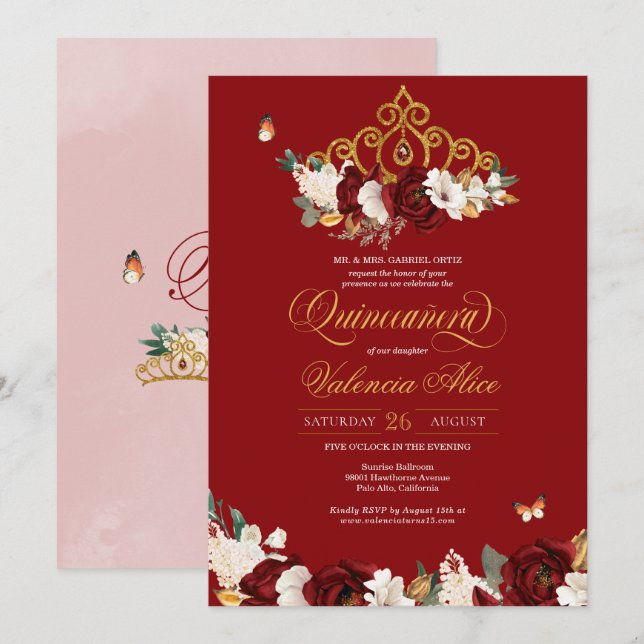 Invitación Mariposa Rosa Borgoña Quinceanera Gold Tiara (Anverso / Reverso)