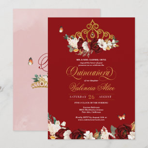 Invitación Mariposa Rosa Borgoña Quinceanera Gold Tiara