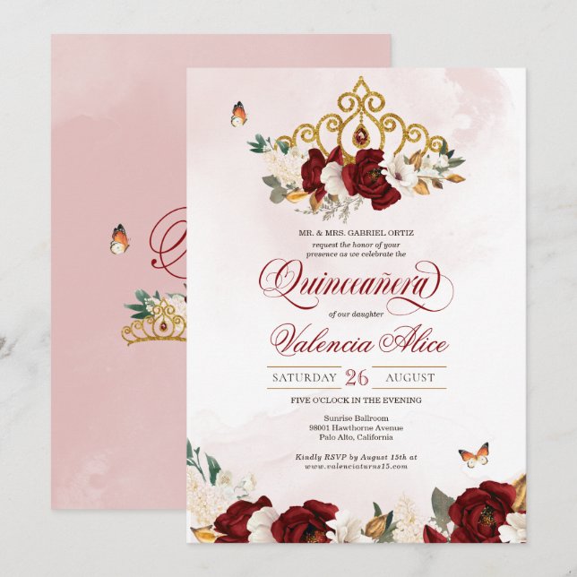 Invitación Mariposa Rosa Borgoña Quinceanera Gold Tiara (Anverso / Reverso)