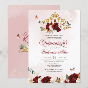 Invitación Mariposa Rosa Borgoña Quinceanera Gold Tiara
