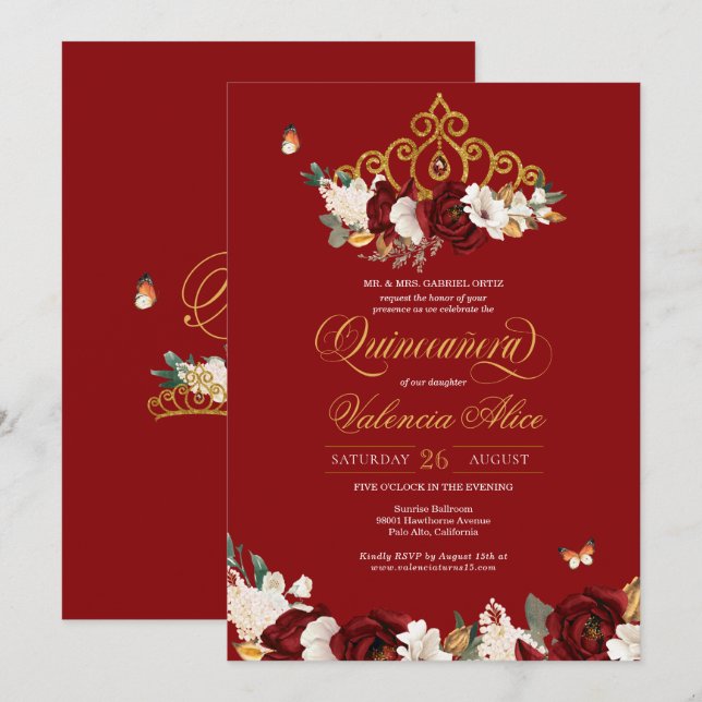 Invitación Mariposa Rosa Borgoña Quinceanera Gold Tiara (Anverso / Reverso)